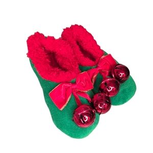 Snoozies! Festive Green and Red Slippers with Jingle Bells